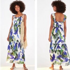Farm Rio | Blue Wind Maxi Dress, Tropical, Macaw, Tiered, Flowy, size large
